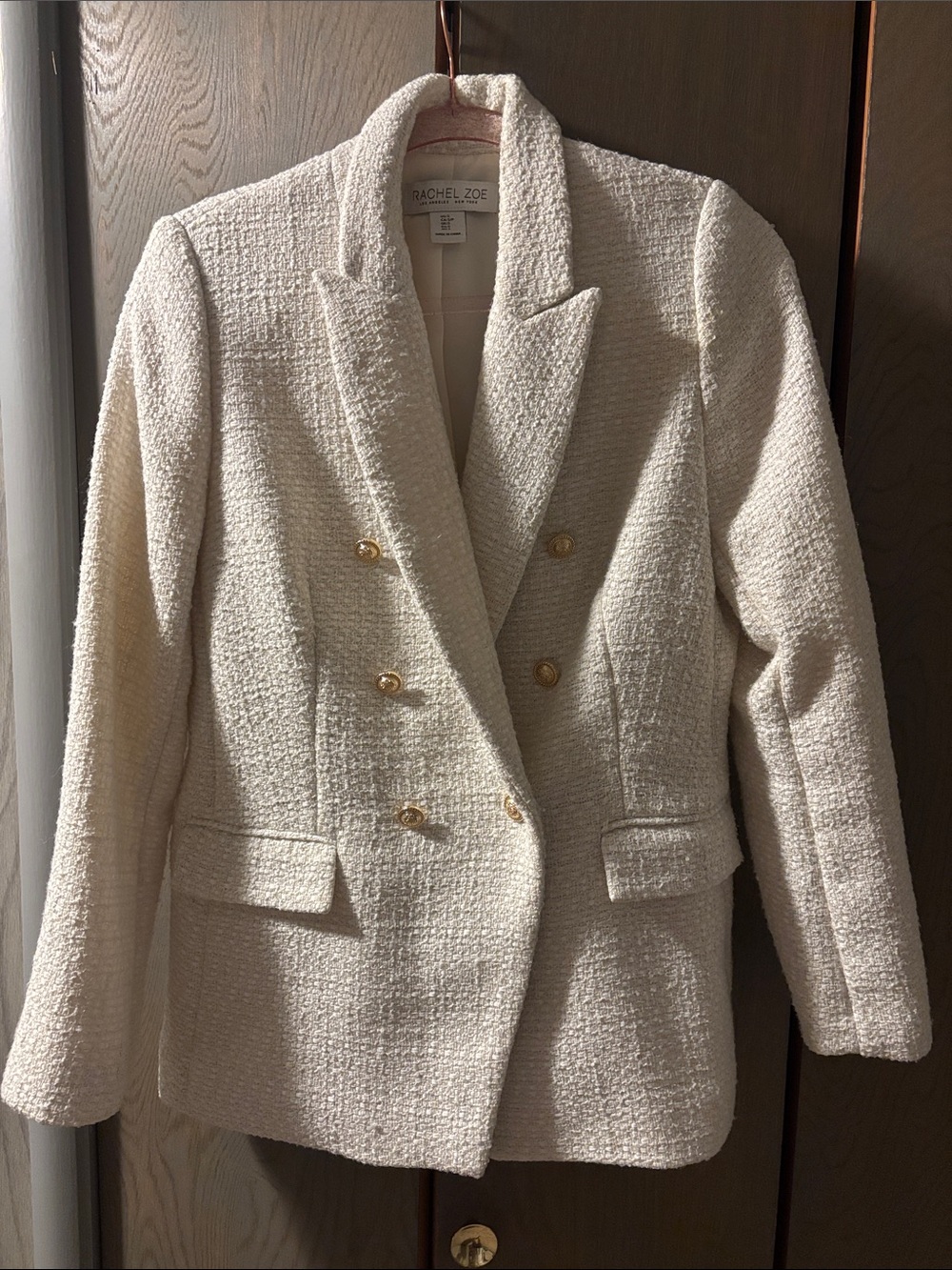 Rachel Zoe Cream Boucle Double Breasted Blazer Jacket Business Work Classic Gold
